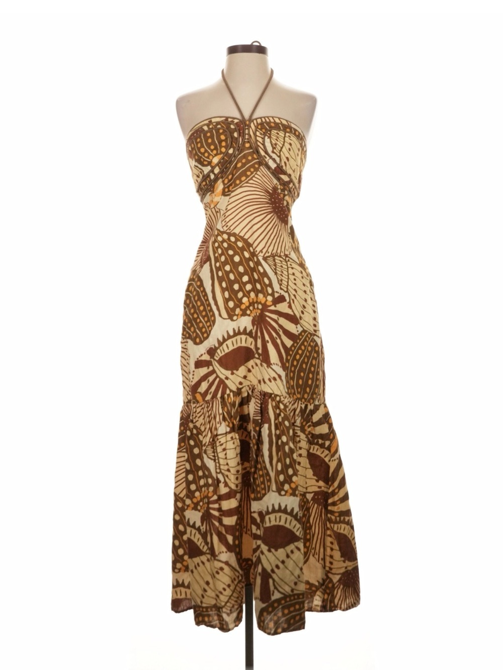 FARM Rio Strapless Brown & Cream Botanical Maxi Dress
